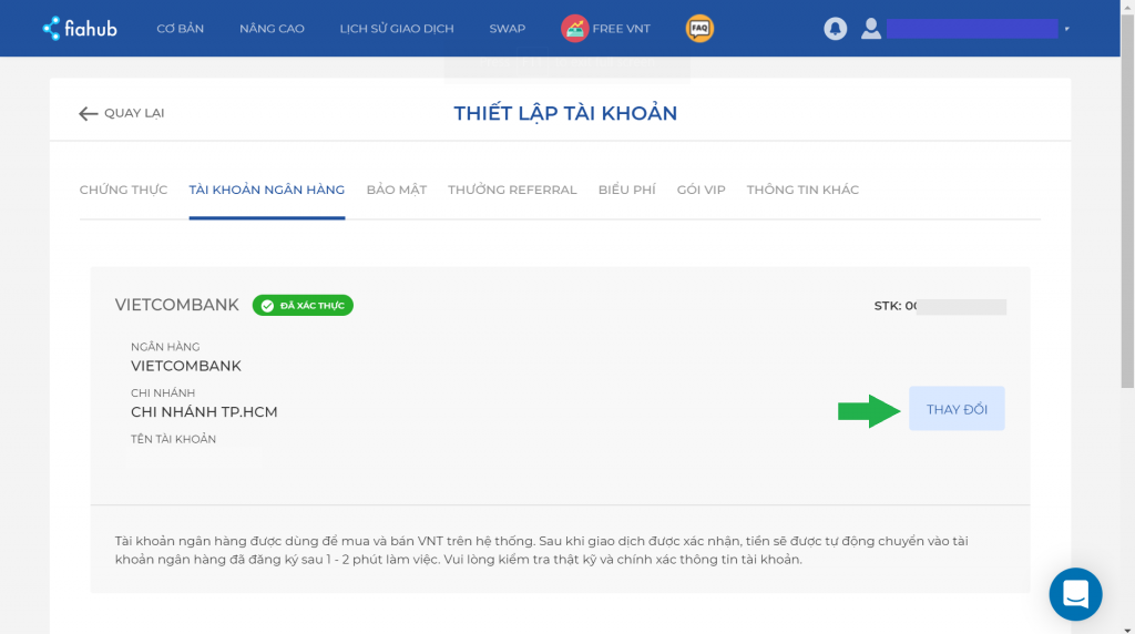 Đăng ký ngân hàng để giao dịch trên Fiahub