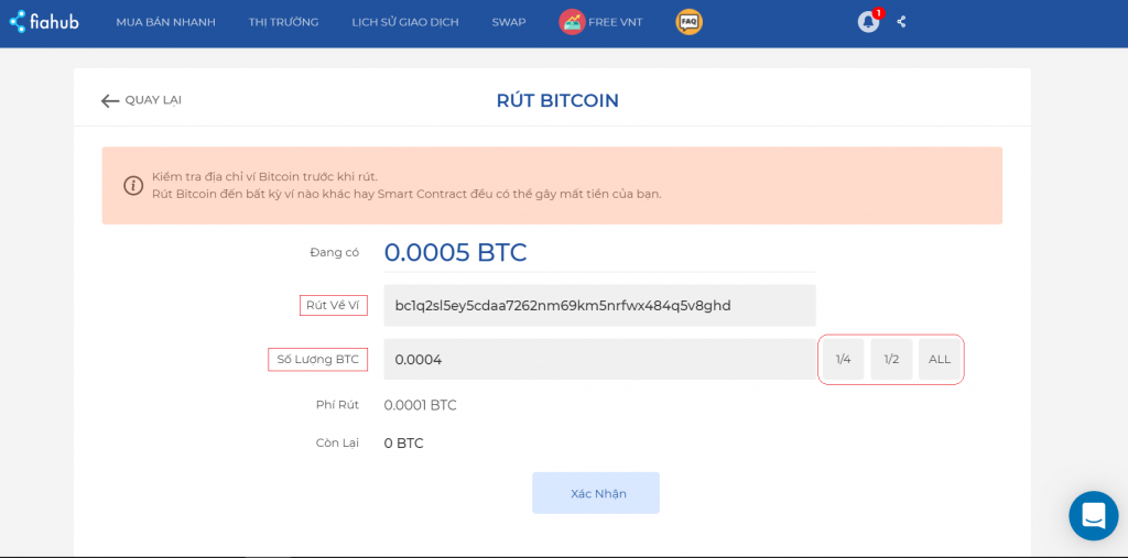 Rút BTC trên Fiahub nhanh chóng, đơn giản, phí rẻ nhất