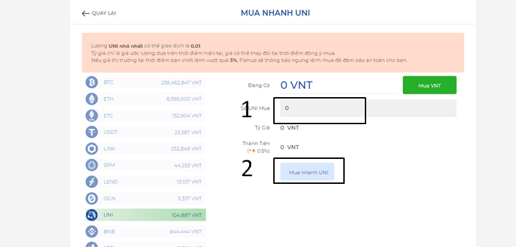 Mua UNI coin (UNISWAP) bằng VNT