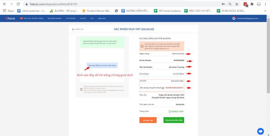Chụp lại màn hình "Giao dịch thành công" và gửi cho Fiahub