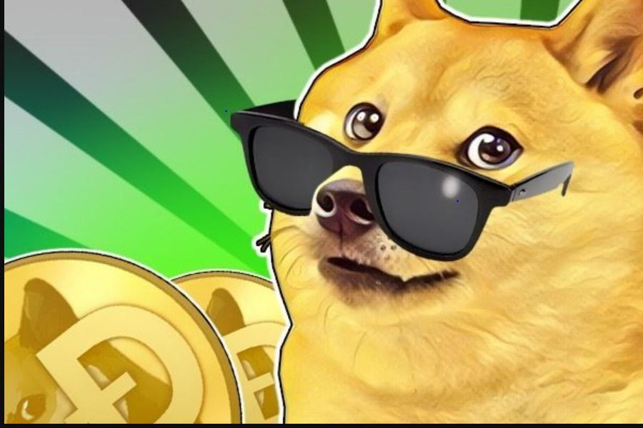 Hình đồng tiền Dogecoin với chú cho Shiba Inu vàng ngơ ngác