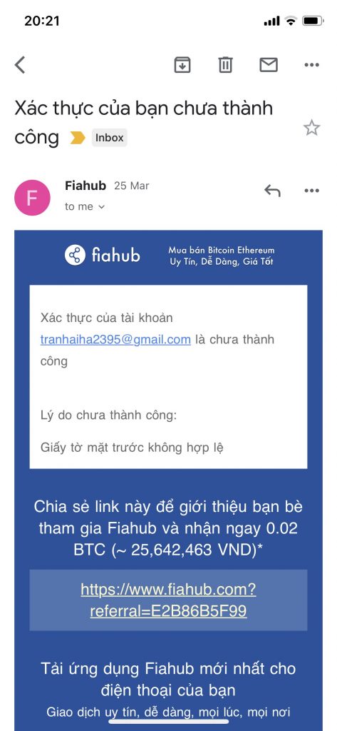 Mail xác nhận chưa thành công từ Fiahub