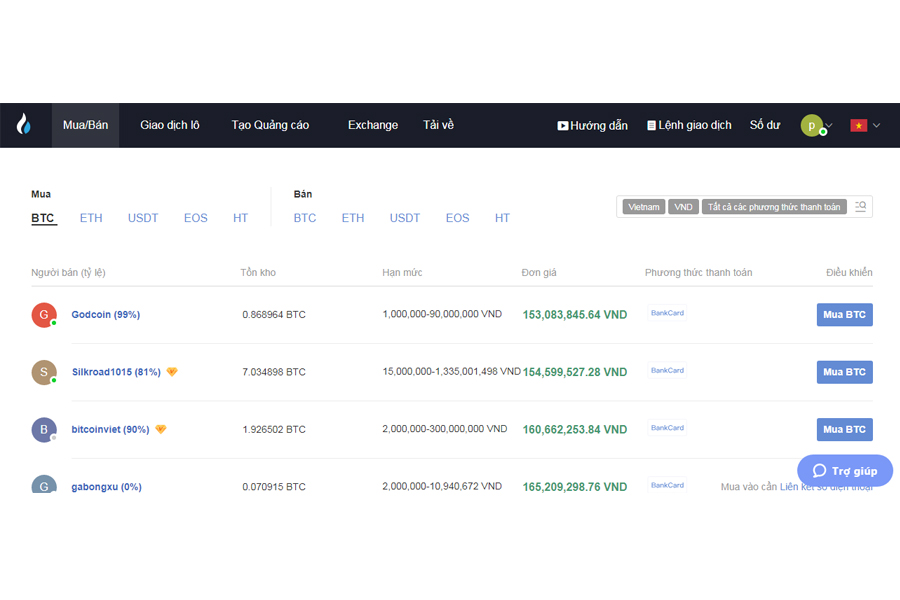 giao diện giao dịch trên sàn Huobi OTC