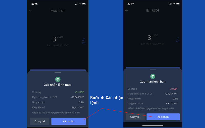 Xác nhận đặt lệnh mua bán usdt