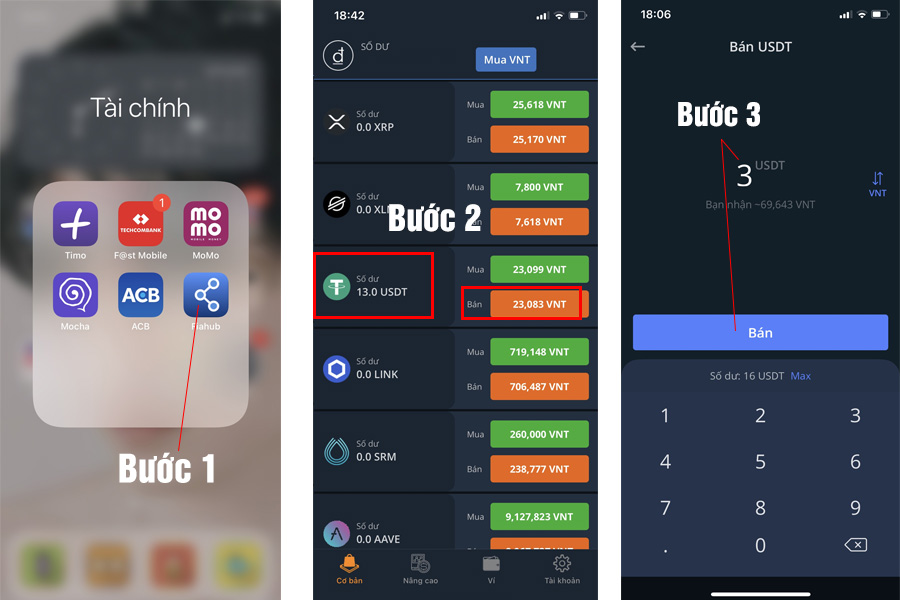 Bước 1 2 3 bán nhanh coin trên Fiahub app