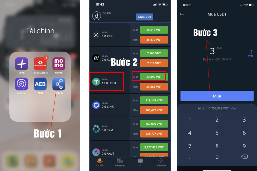 bước 1 -2 - 3 mua nhanh coin trên fiahub app