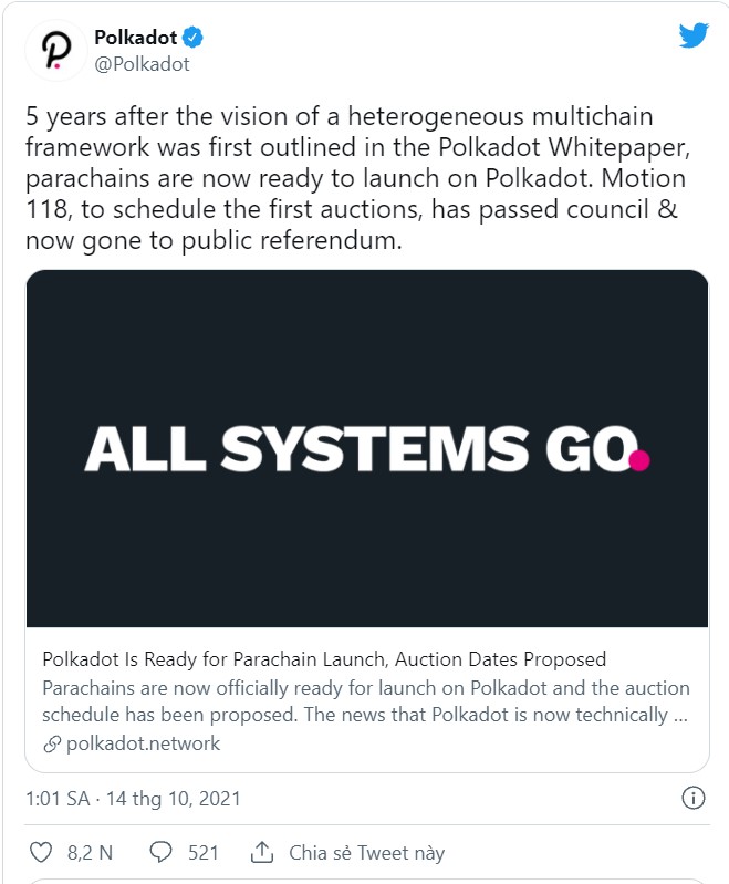 tweet thông báo về sự kiện ra mắt parachains của Polkadot
