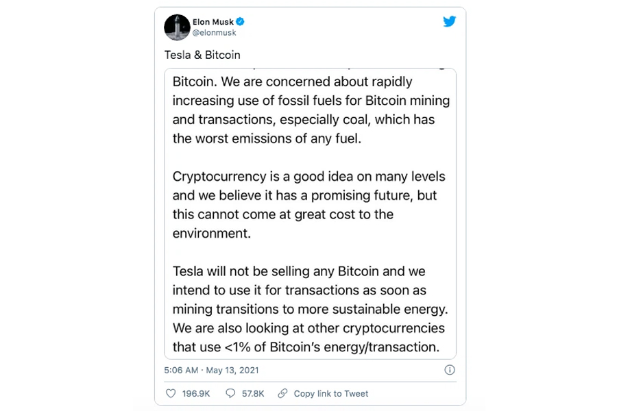 bài đăng về việc elon musk cho rằng Bitcoin gây ô nhiễm môi trường