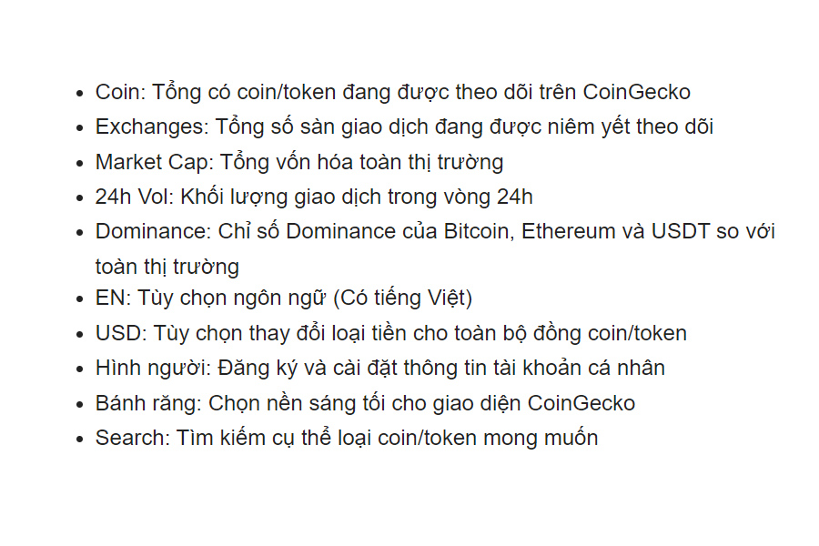 từ điển thông tin trong coingecko