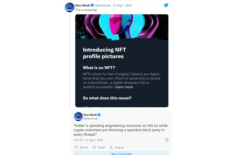 Bài twitter của Elon về NFT của Twitter 