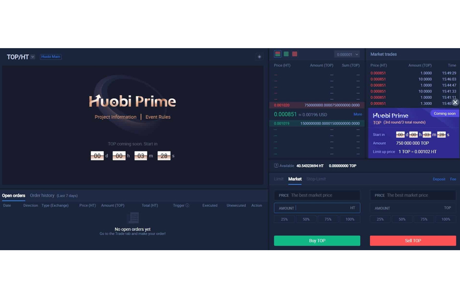 màn hình đăng nhập tài khoản Huobi Prime và tham gia sự kiện