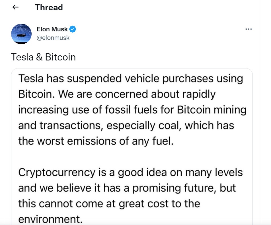 bài twitter của elon về việc khai thác bitcoin