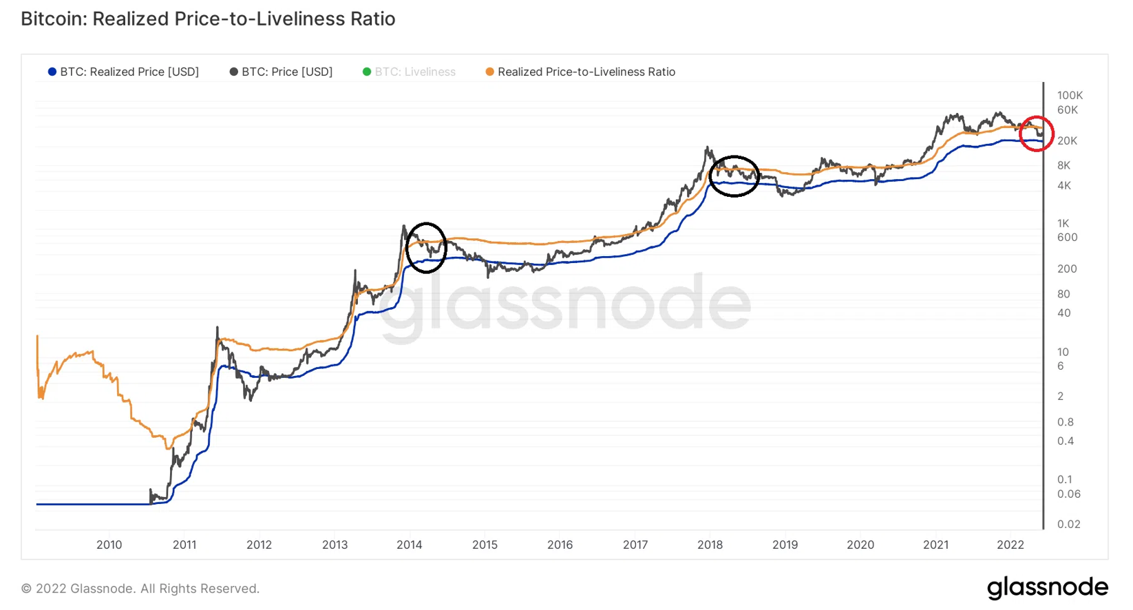 Realized Price-to-Liveliness Ratio. Nguồn: BeInCrypto