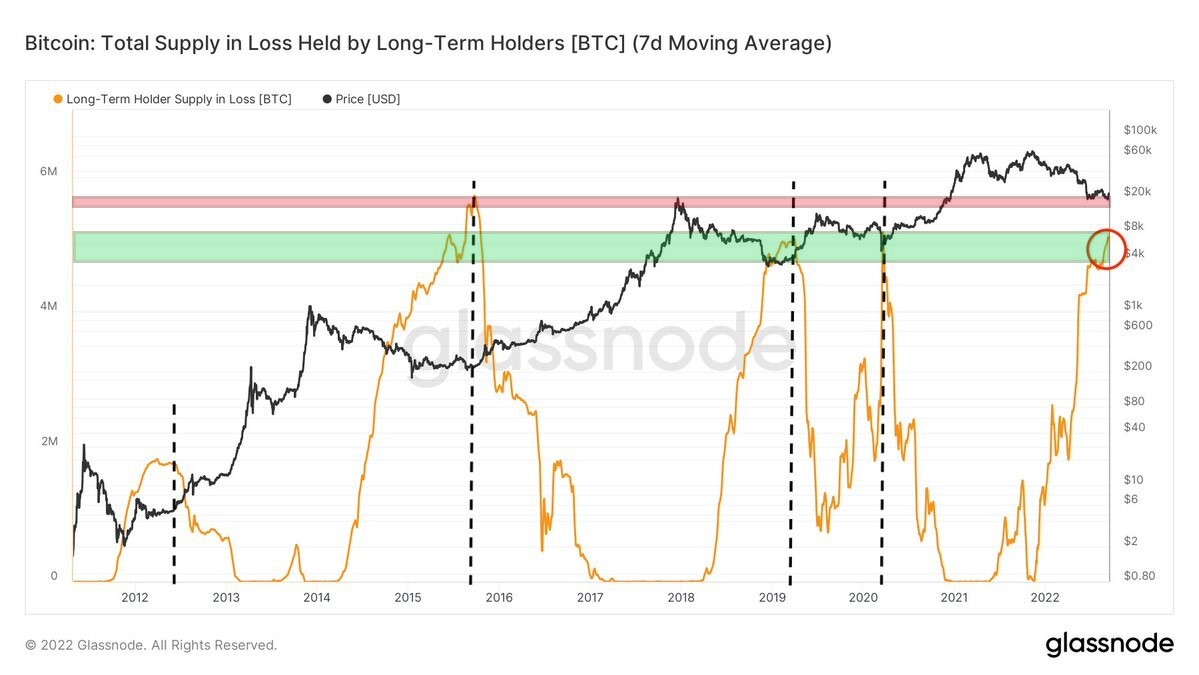 Tổng nguồn cung BTC bị thua lỗ được nắm giữ bởi LTH