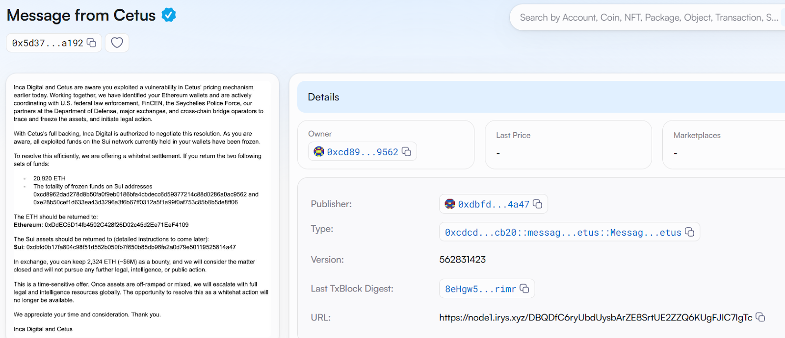 Đoạn tin nhắn đến hacker sau vụ hack của Cetus Protocol