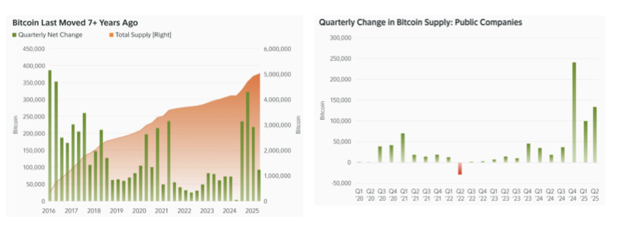 Sự thay đổi nguồn cung Bitcoin theo quý của LTH và các công ty đại chúng